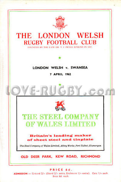 1962 London Welsh v Swansea  Rugby Programme
